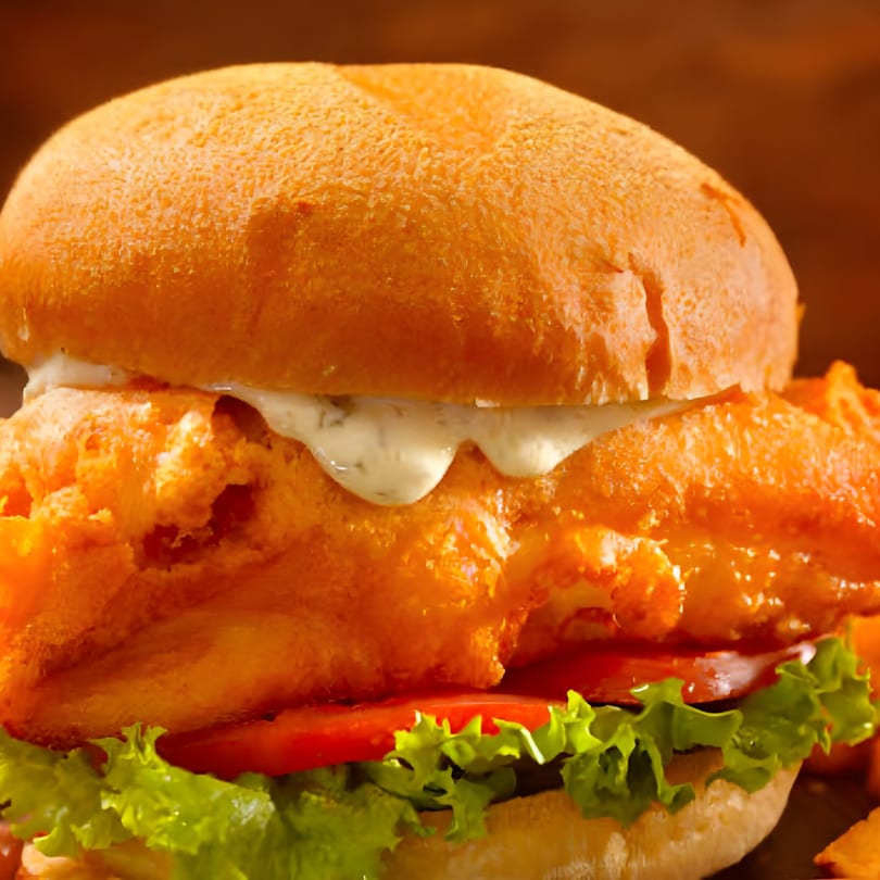 A close-up of a golden-fried fish sandwich with tartar sauce, lettuce, and tomato on a bun.