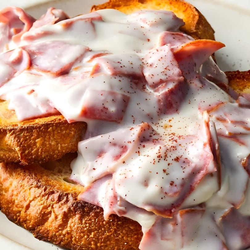 Creamed chipped beef on golden toast, sprinkled with paprika, a classic diner dish.